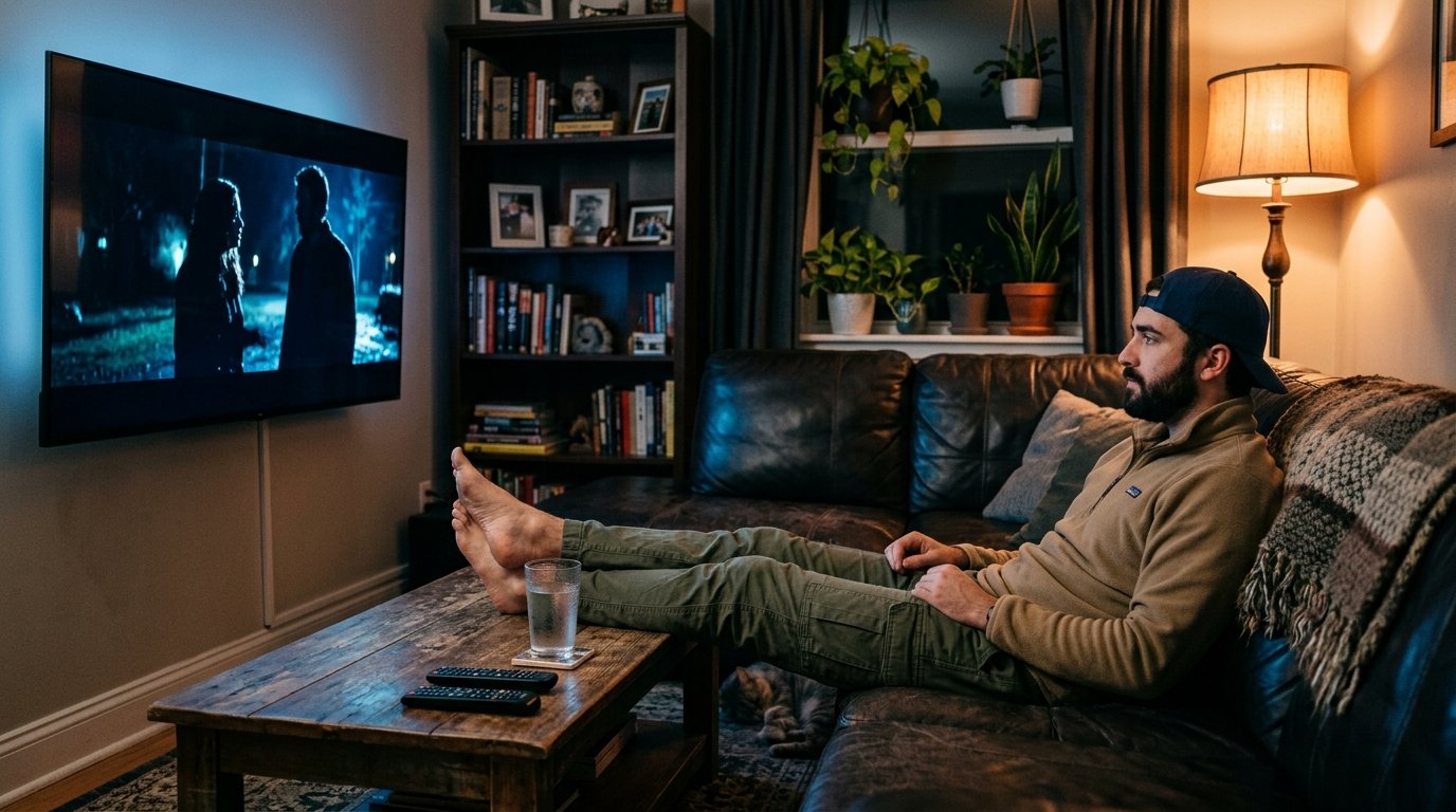 man watching tv after shroom experience