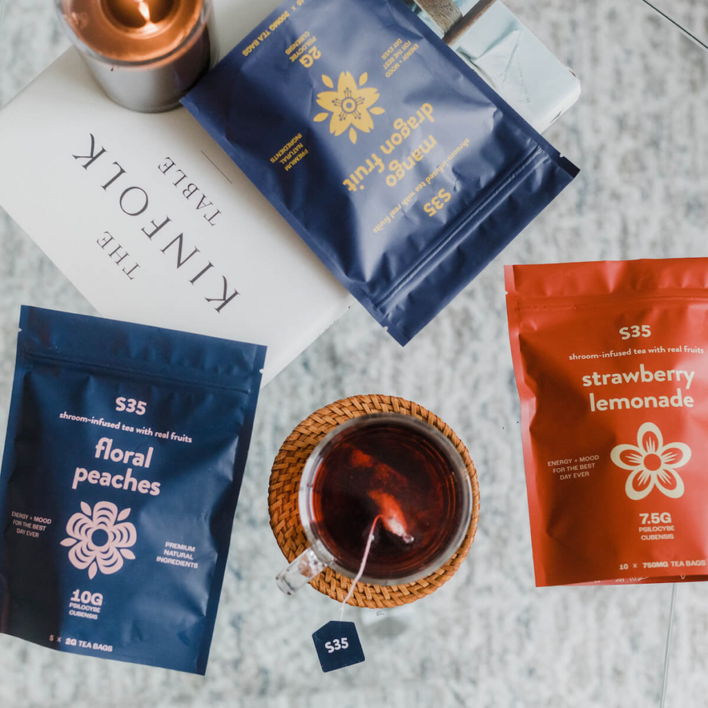 Three variants of S35 Shroom-flavored teas.