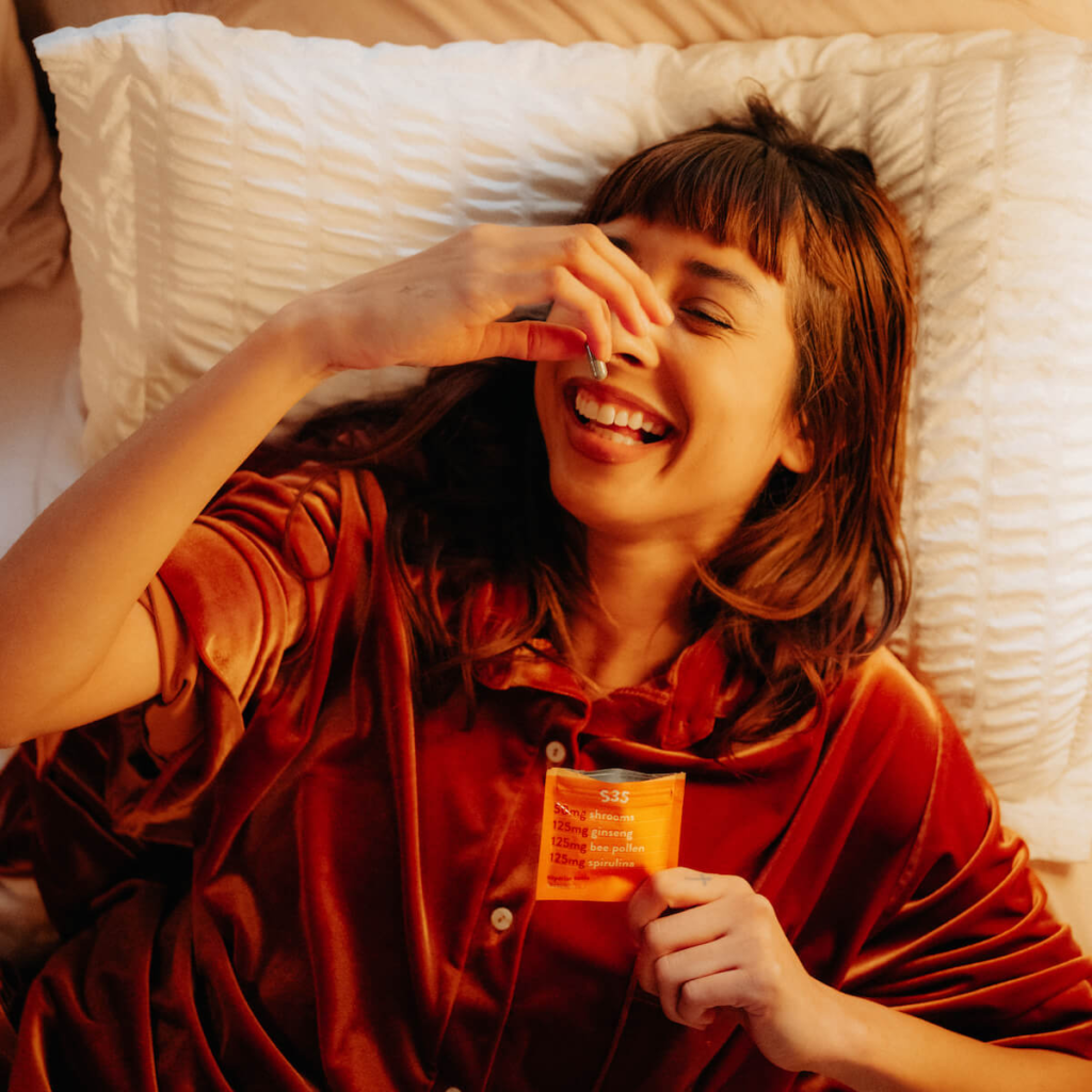 lady feeling euphoric on S35 Shroom-infused superdose capsule.
