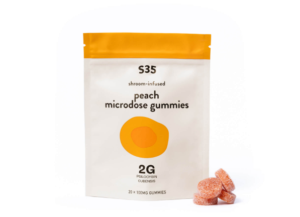 Peach shroom-infused microdose gummies pack
